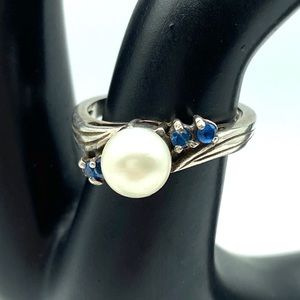 Real Pearl & Sapphire Ring Sterling Silver Size 7